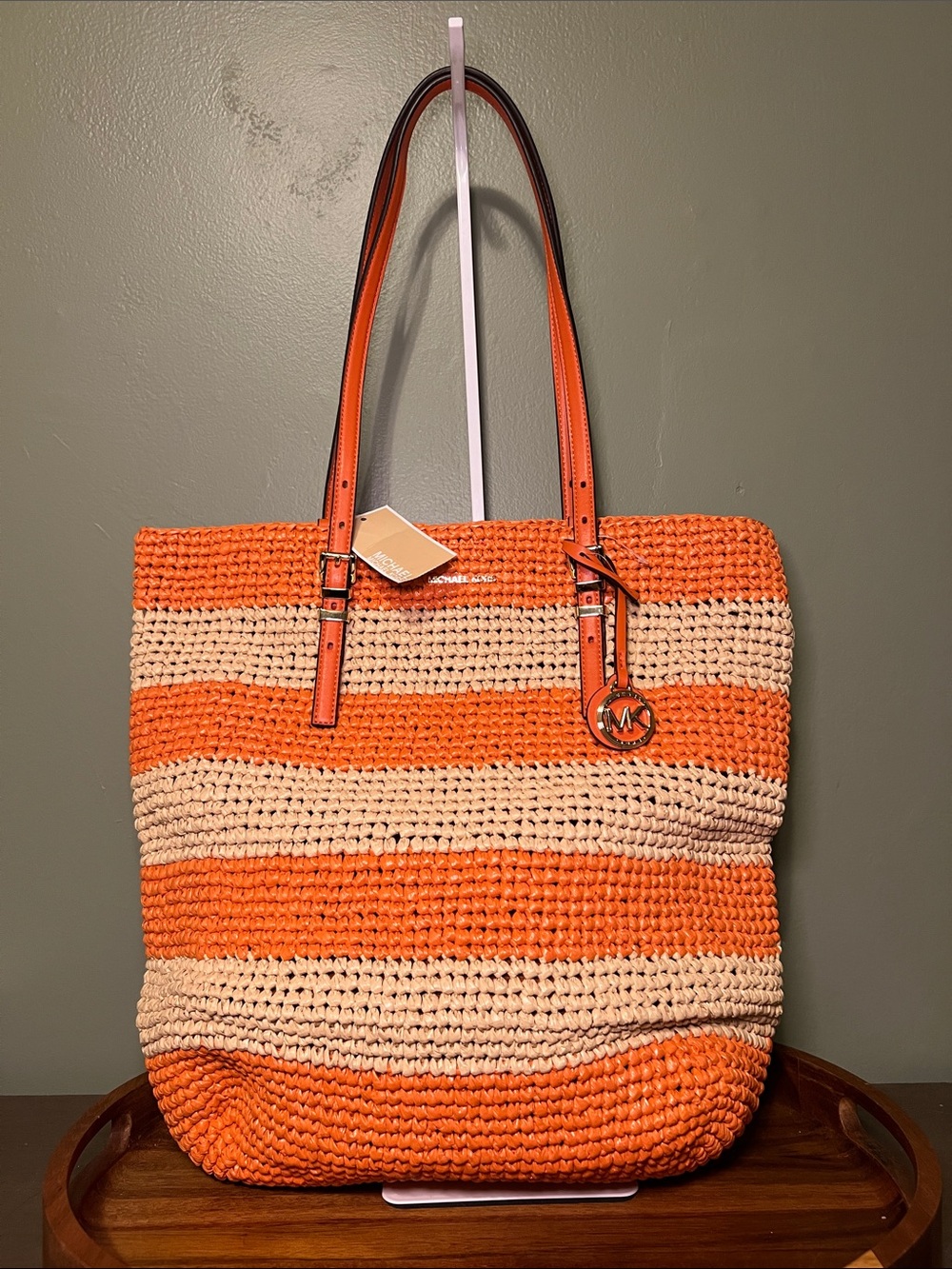 Michael Kors Orange and Cream Striped Woven Tote